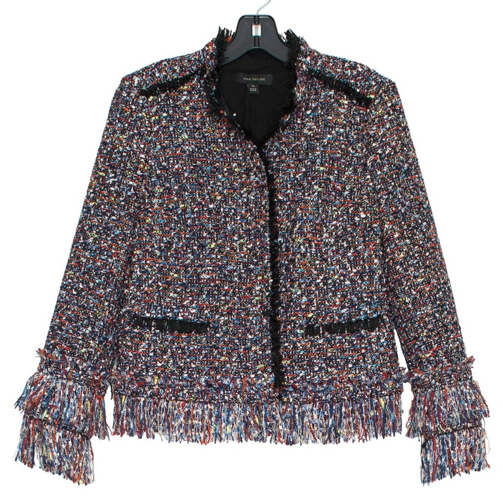 Ann Taylor Jacket Boucle Tweed Fiesta Fringe Preppy Workwear Statement Office XS